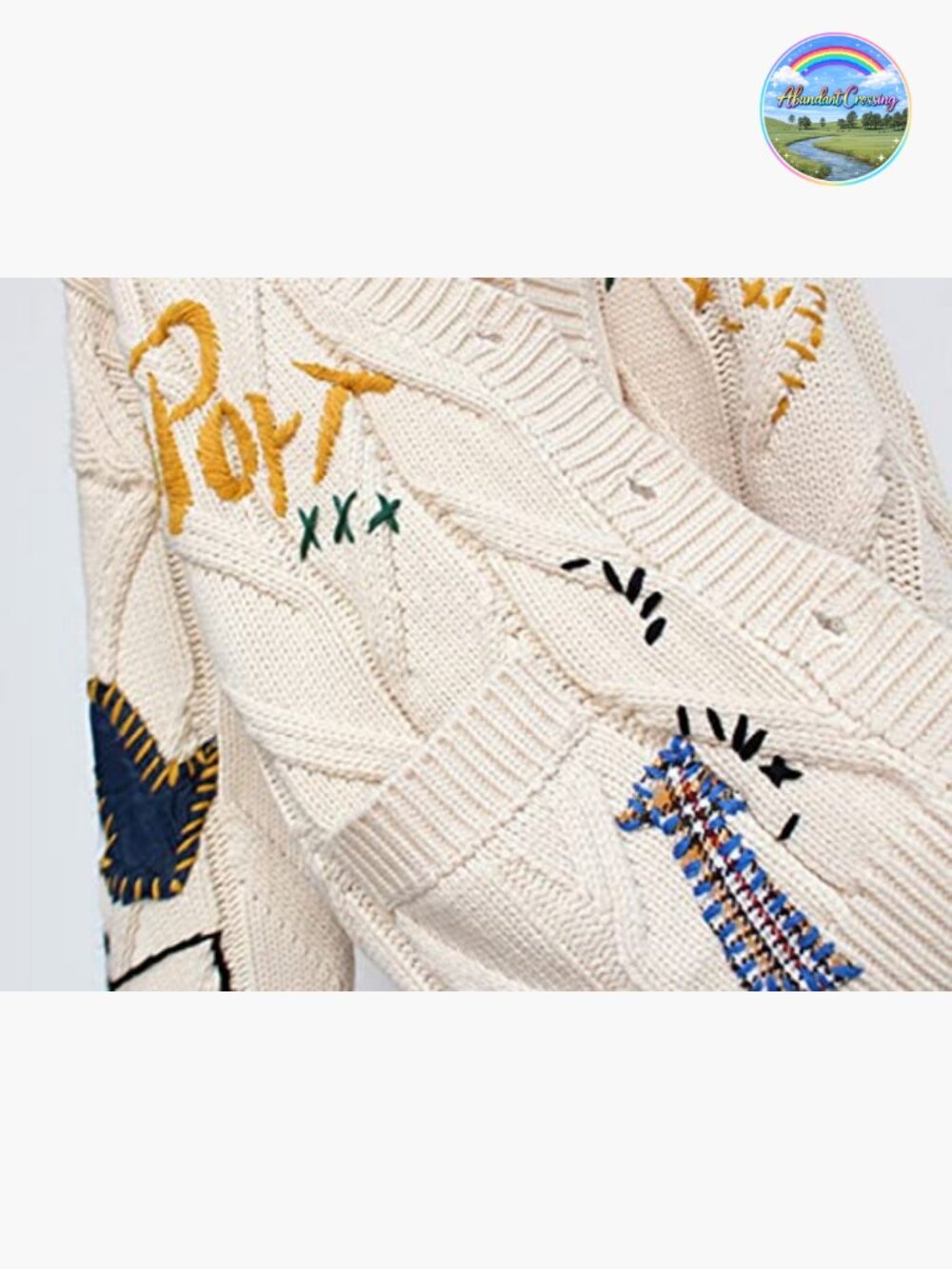 Cable Knit Embroidery Patchwork Cardigan V Neck Long Sleeve Button Down Sweater - Picture 4 of 5